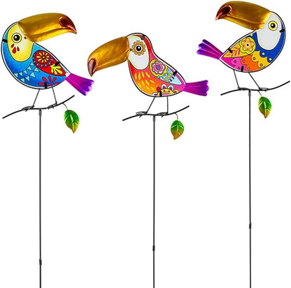 Decorative Garden Stakes,Set of 3 Toucan Stained Glass Metal Yard Art Outdoor,Waterproof Spring Garden Stakes Decorative for Lawn Patio Pathway