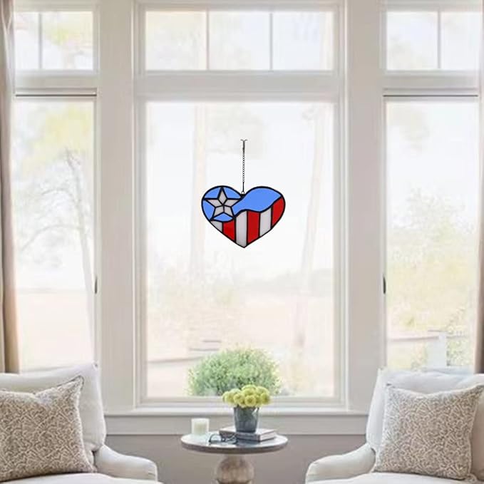 American Flag Heart Ornament, Tiffany Style Stained Glass Window Hanging, Patriotic Decor, Birthday Gift for Veteran, Men Father Grandpa Grandma