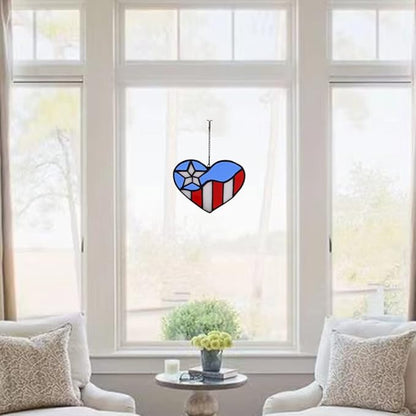 American Flag Heart Ornament, Tiffany Style Stained Glass Window Hanging, Patriotic Decor, Birthday Gift for Veteran, Men Father Grandpa Grandma