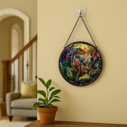 Stained Glass Window Hanging - Raptor Dinosaur in Jungle Scene Sun Catchers Indoor Stained Glass Panels Wall Decor for Mom Wife Lovers Festive