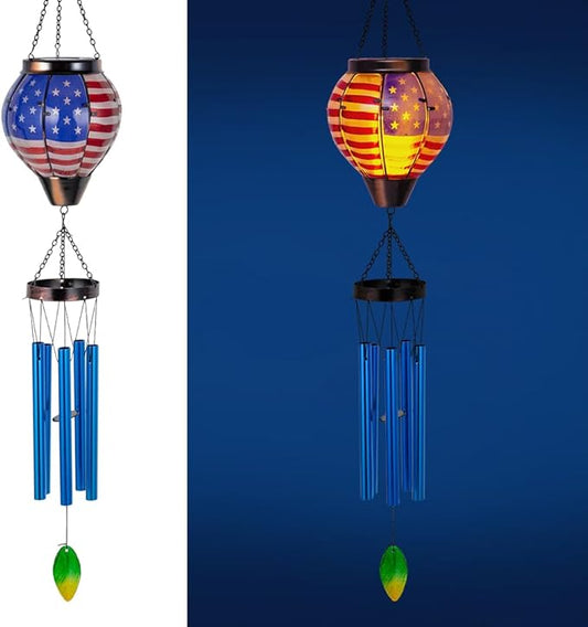 Solar Wind Chimes for Outdide,American Flag Solar Hot Air Balloon Wind Chime with Flame Flickering Light,Glass Windchimes with 5 Thicken Tubes,4th of July Decorations for Garden