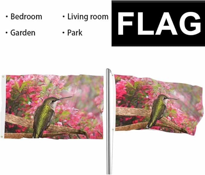 Swono Green-Pink Hummingbird Apple Blossom Pink Floral Flag 3x5 FT Big Flag Outdoor Indoor Office with Brass Grommets