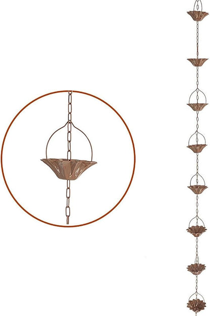 Copper Plated Rain Chain for Outside Downspouts,Adjustable Rain Catcher Chain for Eaves Drainage,Decorative Metal Hanging Flower Spiral Rain Bells(E)