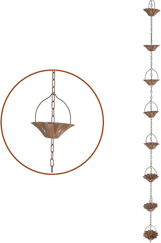 Copper Plated Rain Chain for Outside Downspouts,Adjustable Rain Catcher Chain for Eaves Drainage,Decorative Metal Hanging Flower Spiral Rain Bells(E)