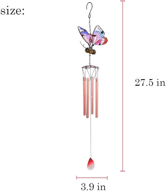 AVEKI Iron Stained Glass Butterfly Wind Chimes - 27.5''H, Pink, Indoor/Outdoor, Home, Garden, Window, Yard, Patio, Lawn Decoration