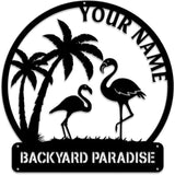 MeMate Flamingo House Signs, Flamingo House Metal Sign, Personalized Name Outdoor Sign, Flamingo House Outdoor Décor for Porch Deck Backyard Patio Pool, Flamingo Metal Sign Housewarming Gift for Family Friend 05