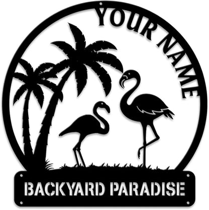 MeMate Flamingo House Signs, Flamingo House Metal Sign, Personalized Name Outdoor Sign, Flamingo House Outdoor Décor for Porch Deck Backyard Patio Pool, Flamingo Metal Sign Housewarming Gift for Family Friend 05