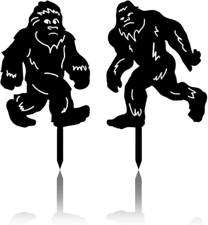 CREATCABIN 2Pcs Black Orangutan Stake Metal Big Foot Garden Decor Art Silhouette Statues Garden Decorative Ground Insert Lawn Ornaments for Outside Outdoor Big Foot Sasquatch Gifts 8/9x11.8Inch