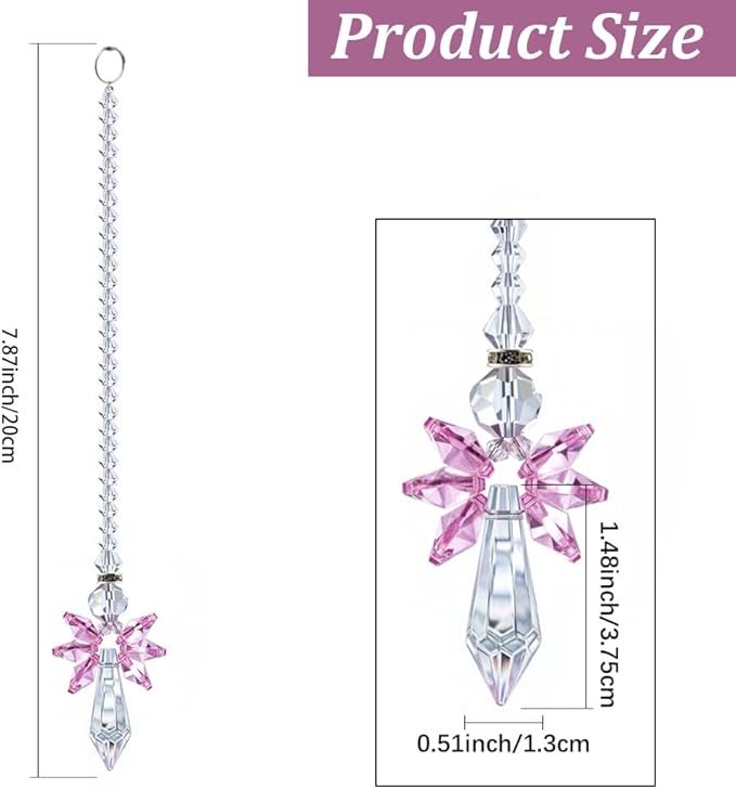 Rainbow Guardian Angel Crystal Suncatcher Hanging Ornament Pink Glass Prism Rainbow Maker for Home Window Car Porch Decoration Spiritual Sun Catcher Gift for Mom Women Friends
