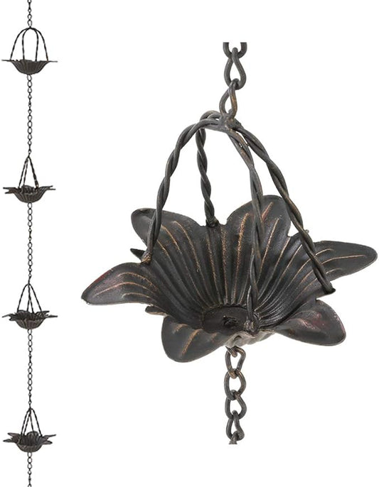 Jemeni 6.5 Feet Metal Rain Chain, Rain Chains for Gutters with 7 Cups, Lily Flower Style, Bronze