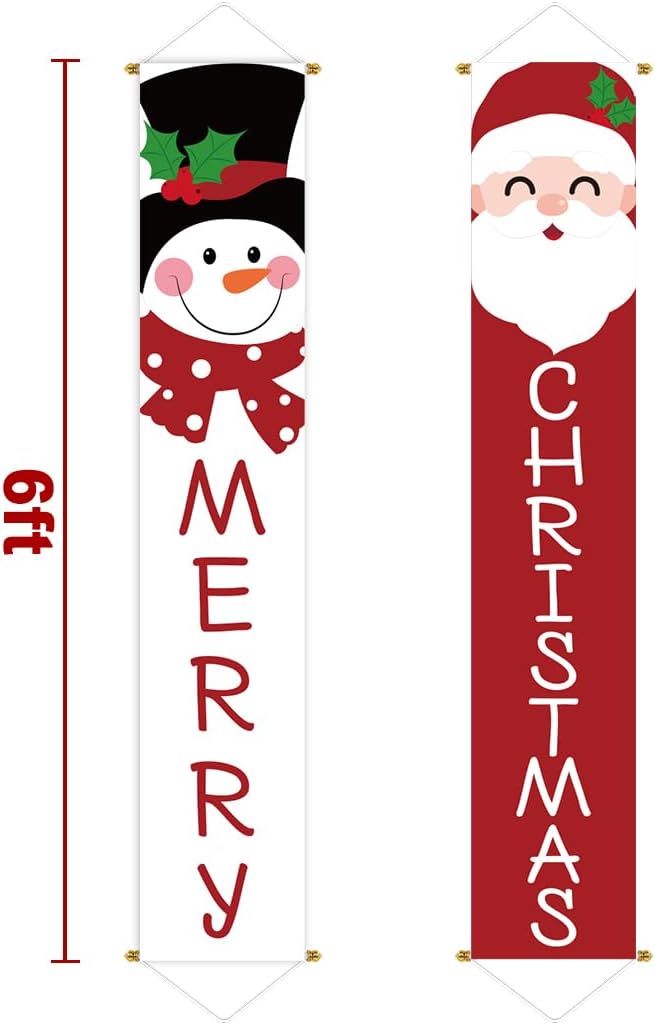 Ivenf Christmas 2pc Outdoor Yard Banner, Red White Santa Snowman, Merry Decorations, Sturdy Poles, Hanging, Front Porch, Home, Indoor Outdoor, Garage Door, 71x13 inches
