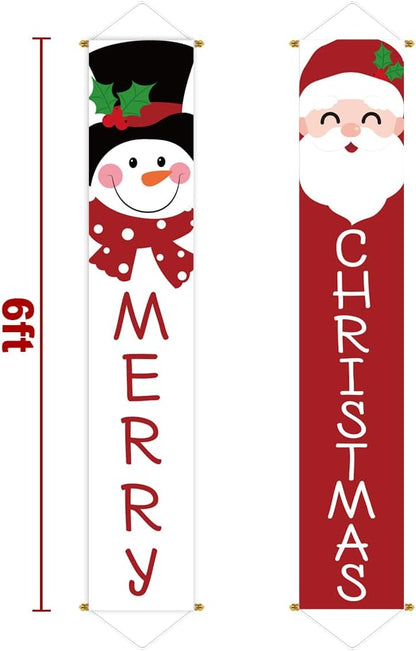 Ivenf Christmas 2pc Outdoor Yard Banner, Red White Santa Snowman, Merry Decorations, Sturdy Poles, Hanging, Front Porch, Home, Indoor Outdoor, Garage Door, 71x13 inches