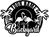 MeMate Flamingo Metal Sign - Backyard Patio Outdoor Decor, Personalized Name Housewarming Gift for Family or Friend