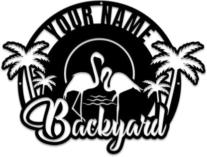 MeMate Flamingo Metal Sign - Backyard Patio Outdoor Decor, Personalized Name Housewarming Gift for Family or Friend