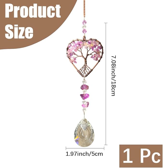 Suncatcher Window Hanging Tree of Life Heart Shaped Crystal Ball Prism Drop Ornament with Purple Rainbow Maker Pendant for Garden Home Decor Indoor Outdoor Windows 7in