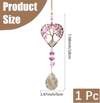 Suncatcher Window Hanging Tree of Life Heart Shaped Crystal Ball Prism Drop Ornament with Purple Rainbow Maker Pendant for Garden Home Decor Indoor Outdoor Windows 7in