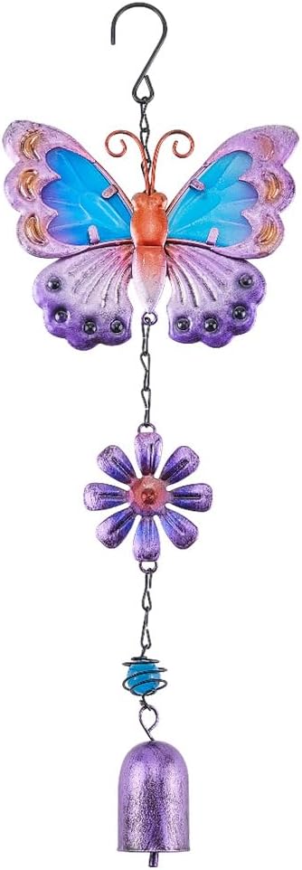 GORGECRAFT Butterfly Wind Chimes Purple Metal Iron Waterproof Animal Butterflies Flower Floral Decoration Glow Wind Catcher Chime with Bell for Indoor Outdoor Home Garden Festival Party