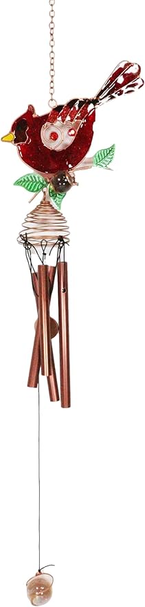 Ebros Gift Artistic Stained Glass Red Cardinal Bird Perching On Twig Branch Copper Metal Wind Chime 24.25" Long Hanging Mobile Outdoor Patio Garden Decor Accessory