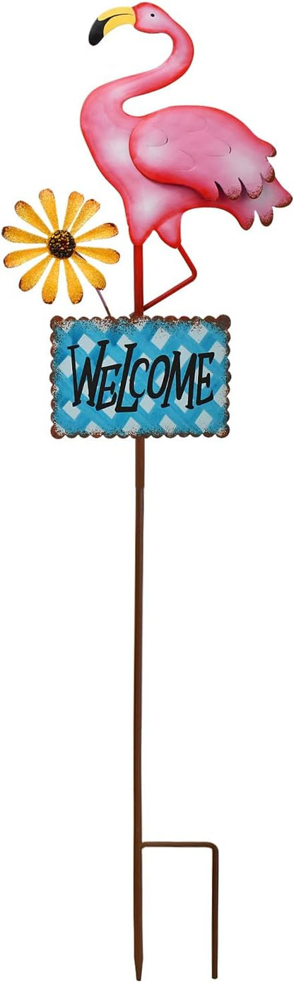 Metal Flamingo Garden Stakes Welcome Yard Sign Decorative Pink Flamingos Ornament Indoor Outdoor Party Stake Lawn Art Patio Backyard Flower Bed Decor (Blue, L)