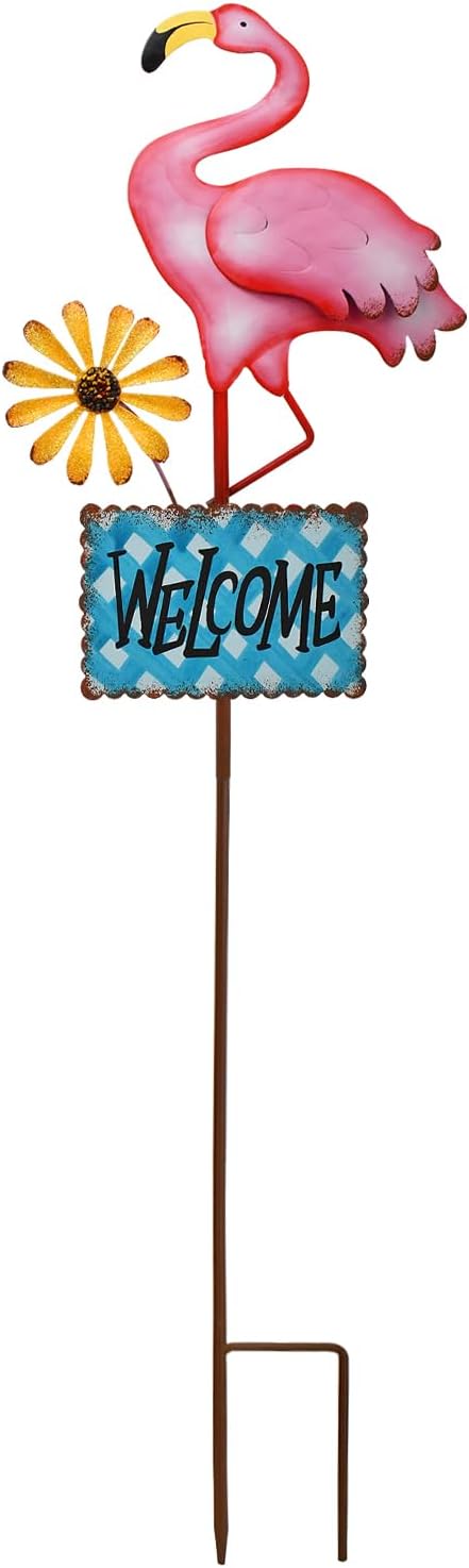Metal Flamingo Garden Stakes Welcome Yard Sign Decorative Pink Flamingos Ornament Indoor Outdoor Party Stake Lawn Art Patio Backyard Flower Bed Decor (Blue, L)