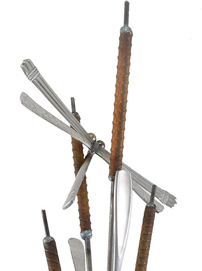 Modern Artisans American Made Rusty Cattails Garden Stake and Upcycled Flatware Sculpture with Dragonfly, 34"