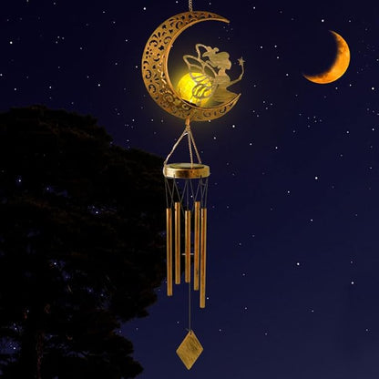 Fairy Moon Solar Light Wind Chimes for Outside for Women Mother Grandma Wife Birthday Gift Crackle Glass Ball Windchimes Gardening Gifts for Outdoor Patio Decor Yard Porch Decorations