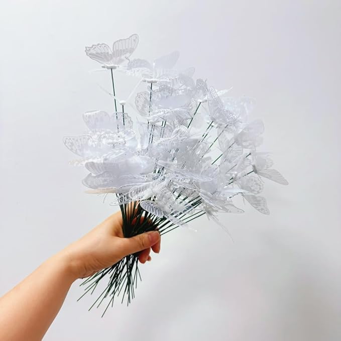 3D Butterfly Garden Stake Decor,10" PVC Butterfly Garden Decor for Outside,Shaking Head Artificial Butterflies for Cake Bouquet Wall Lawn Pathway Plant Pot Flower Bed Yard Decor (50, White)