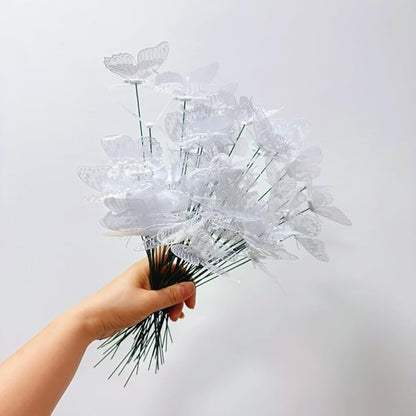 3D Butterfly Garden Stake Decor,10" PVC Butterfly Garden Decor for Outside,Shaking Head Artificial Butterflies for Cake Bouquet Wall Lawn Pathway Plant Pot Flower Bed Yard Decor (50, White)