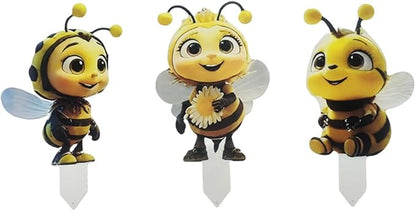Bee Garden Stakes Decor – Metal Outdoor Yard Art, Rustproof Lawn Ornaments for Garden Patio Flower Bed, Hand-Painted 2D Bee Set of 3