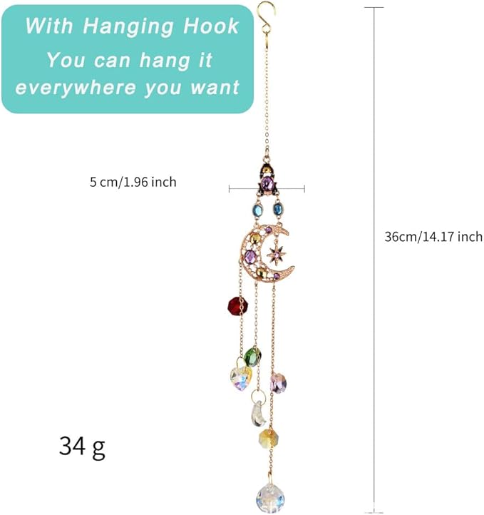 Moon Prism Crystal Suncatcher for Car Rear Mirror- Hanging Decoration for Indoor Window Outdoor Patio Chandelier Garden - Rainbow Maker Hanging Ornament