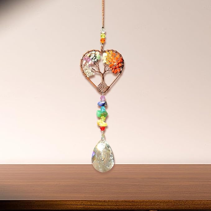 Suncatcher Window Hanging Tree of Life Heart Shaped Crystal Ball Prism Drop Ornament with Rainbow Maker Pendant for Garden Home Decor Indoor Outdoor Windows 7in