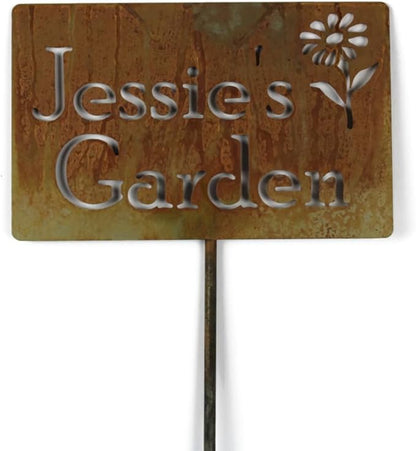 Classic Metal Garden Markers Clearance Items 20 to 33 Inches Tall (Jessie's Garden + flower, Naturally Rusted)