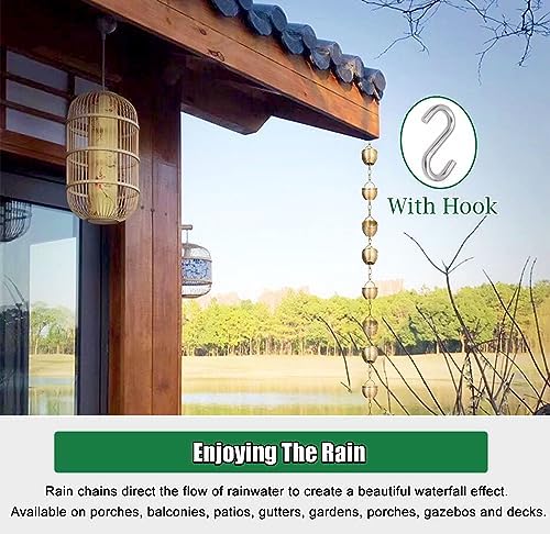 Decorative Rain Chains Waterfall, Hanging Rain Chain Aluminum, Decorative Water Catcher Copper-Plated Cup, Heavy Rain Water Chain for Outside Downspout Gutter, Garden Gift (A 3.2m/9.8 ft)