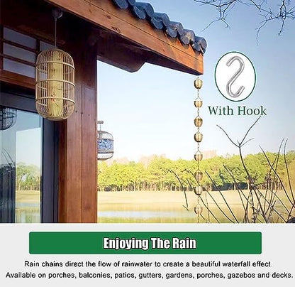 Decorative Rain Chains Waterfall, Hanging Rain Chain Aluminum, Decorative Water Catcher Copper-Plated Cup, Heavy Rain Water Chain for Outside Downspout Gutter, Garden Gift (A 3.2m/9.8 ft)