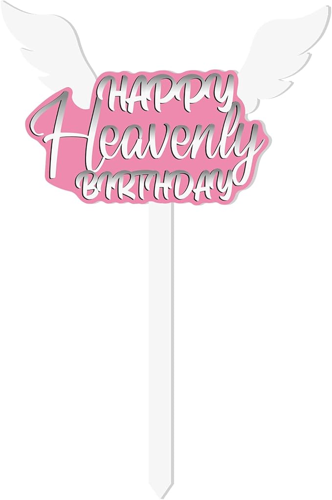 AceOrbit 13.8 X 7.9 Inches Large Happy Birthday in Heaven Decorations Cemetery Decorations for Grave Metal Memorial Remembrance Stake, Grave Markers for Human Cemetery Garden Yard Site Outdoor (Pink)