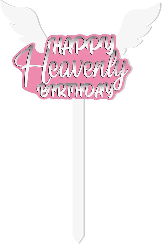 AceOrbit 13.8 X 7.9 Inches Large Happy Birthday in Heaven Decorations Cemetery Decorations for Grave Metal Memorial Remembrance Stake, Grave Markers for Human Cemetery Garden Yard Site Outdoor (Pink)