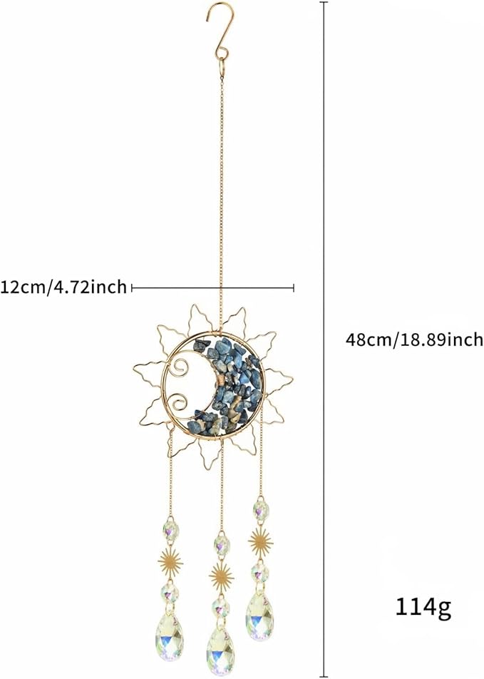 Sun & Crescent Crystal Suncatcher, Crystal Hanging Prism, Rainbow Makers, Housewarming Gift, Garden Decoration, Window Ornament (Blue)