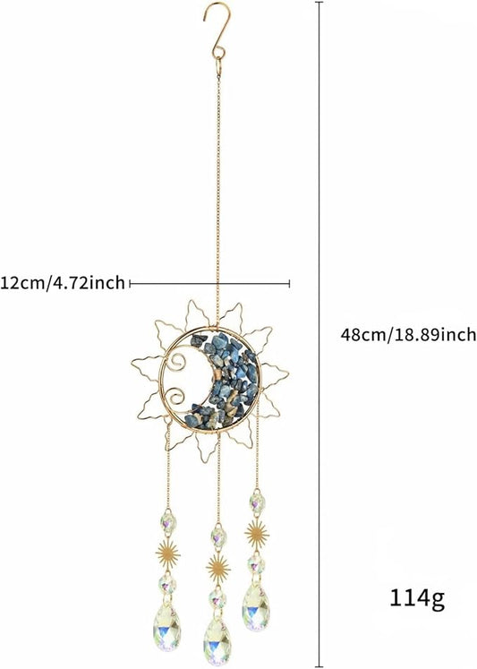 Sun & Crescent Crystal Suncatcher, Crystal Hanging Prism, Rainbow Makers, Housewarming Gift, Garden Decoration, Window Ornament (Blue)