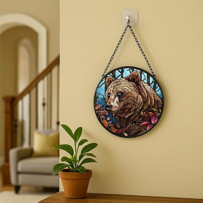 Stained Glass Window Hanging Bear with Leaves 9.8in Sun Catchers Panel for Indoor Decorative Display for Mom Wife Lovers Festive
