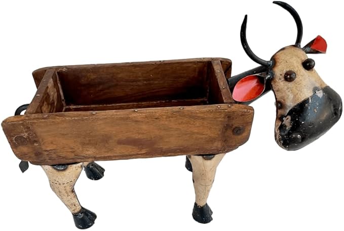 DeKulture Recycled Iron Cow Planter with Brick Mold Base - Charming Garden Statue (19.5x5.5x12.5 Inches)
