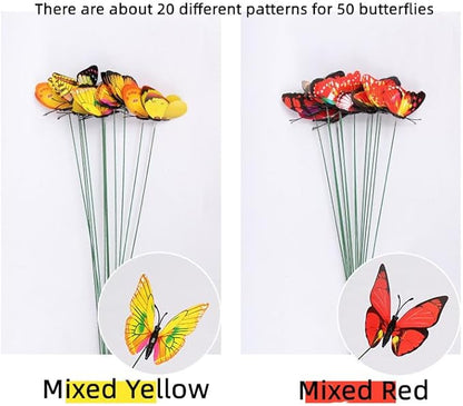 Rikyo 3D Butterfly Garden Stake Decor,10" PVC Butterfly Garden Decor for Outside,Shaking Head Artificial Butterflies for Cake Bouquet Wall Lawn Pathway Plant Pot Flower Bed Yard Decor (50, Yellow)