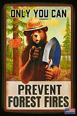 Classic Smokey Bear! 8"x12" All Weather Metal LOG CABIN Decor Rustic Distressed Lodge U.S. Forest Service National Park Decor Behave!