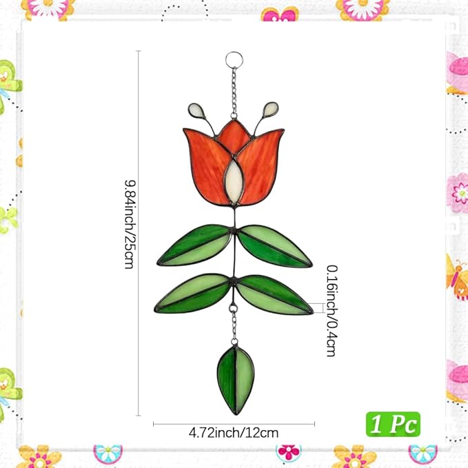 Tulip Acrylic Suncatcher Vintage Flower Window Hanging Decor Colorful Sun Catcher Modern Folk Art Home Decoration for Windows Patio Indoor Spaces Hanging Ornament 9.8" x 4.7"
