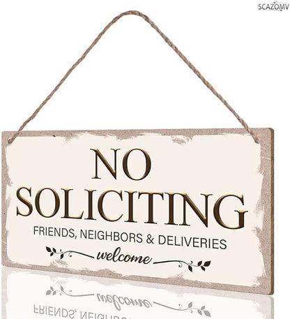 No Soliciting Family Friends Neighbors Deliveries Welcome Funny Rustic Wooden Front Door Sign Vintage Outdoor Wall Art Hanging Plaque for Porch Yard Store Home Farmhouse Decor 10''x 5''