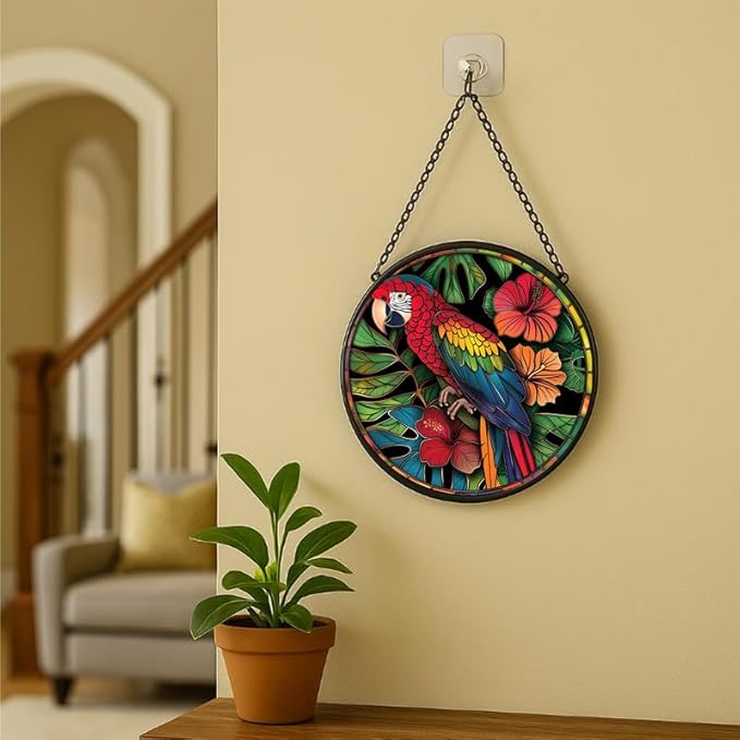 Stained Glass Window Hanging - Tropical Parrot with Hibiscus Flowers Sun Catchers Indoor Stained Glass Panels Wall Decor for Mom Wife Lovers Festive