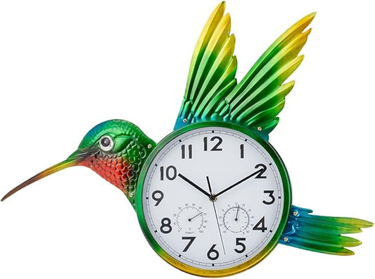 Large Outdoor Clock with Thermometer & Humidity - Silent Non-Ticking, Hummingbird Outdoor Wall Clock for Patio, Garden, Kitchen, Living Room(Green)