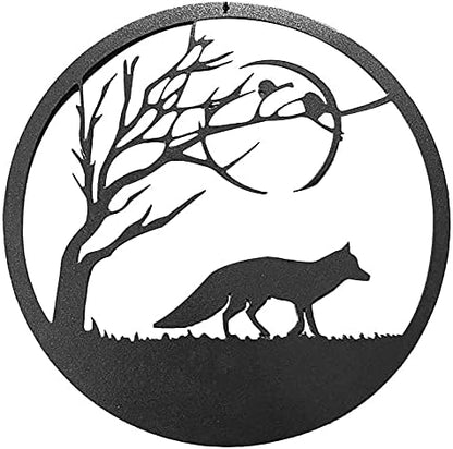 Black Fox Metal Wall Art For Outdoor Animal And Tree Silhouette Round Garden Decor Sculptures Metal Hanging Decoration