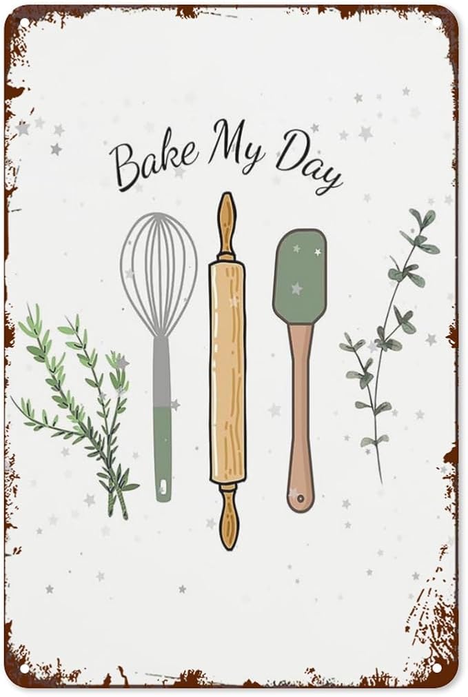 Vintage Tin Signs Cute Bake My Day for Room,Patio,Office,Yard & More Retro Metal Wall Decor,8x12 Inch Funny Quotes & Gothic Designs
