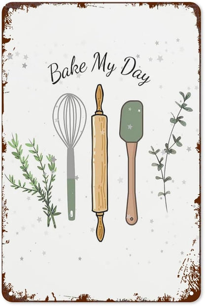 Vintage Tin Signs Cute Bake My Day for Room,Patio,Office,Yard & More Retro Metal Wall Decor,8x12 Inch Funny Quotes & Gothic Designs