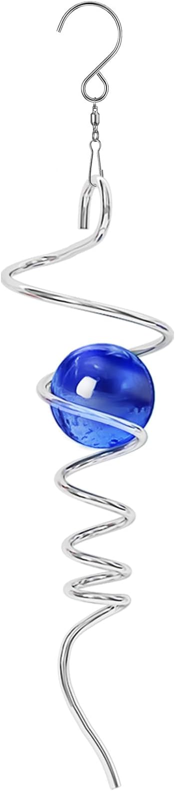 Gazing Ball Spiral Tail 13 Inch Stainless Steel with Hanging 360° Swivel Hook, Dark Blue Crystal Glass Orb Captivating Visual Illusion Wind Spinner Spinning Garden Yard Patio Spinfinity Decor Gift
